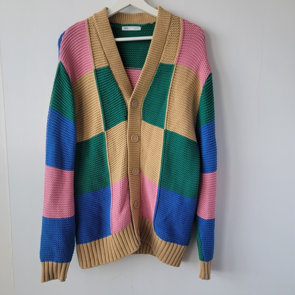 Zara men's multicolor patchwork knit cardigan S-M button-up front Color Block